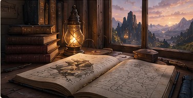 An open illustrated manuscript on a writer's desk