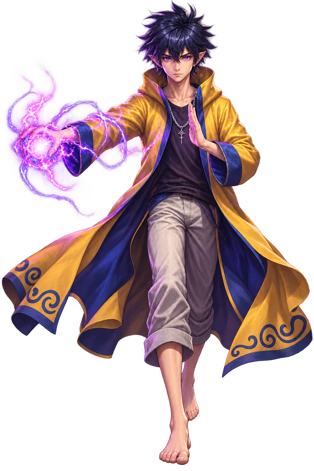 A young spellcaster in a golden coat conjuring violet magic